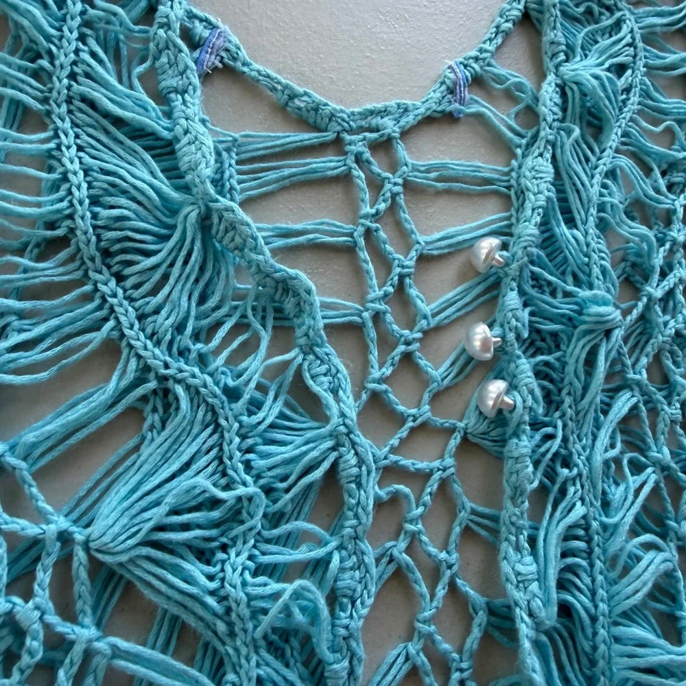 Women's Turquoise Aqua Blue Open Crochet Macrame Knit Pearl Button Beach Coverup